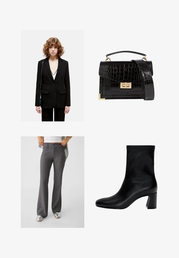 Czarny żakiet o dopasowanym kroju, z klapami i dwoma przednimi kieszeniami, zapinany na jeden guzik. Gładka tkanina i minimalistyczny design.; Biały sweter z długim rękawem o prążkowanej fakturze, okrągłym dekolcie i dopasowanym kroju. Posiada subtelne szczegóły szycia na korpusie.; Szare spodnie w fasonie dzwonów wykonane z teksturowanej tkaniny, z dwoma guzikami z przodu i szlufkami na pasek, w połączeniu z błyszczącymi srebrnymi sneakerami.; Czarny botek na kostkę wykonany z gładkiej skóry. Posiada kwadratowy czubek, elastyczny górny brzeg oraz masywny obcas zapewniający stabilność. Minimalistyczny design.; Czarna torebka na ramię z lakierowanej skóry licowej o fakturze krokodyla, ze złotymi akcesoriami, górną rączką oraz odczepianym paskiem na ramię. Prostokątny kształt z klapką.