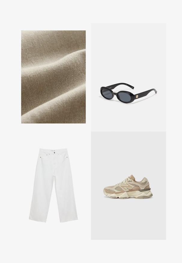 Beiger Stoff mit strukturierter Webart, der subtile Tonänderungen und eine glatte, weiche Oberfläche aufweist. Nahaufnahme, die die Falten hervorhebt.; Weißes ärmelloses Tanktop mit quadratischem Ausschnitt, glatter Textur und figurnahen Schnitt. Hergestellt aus leichtem Material.; Weiße Jeans im weit geschnittenen Design aus Denim mit hoher Taille, ausgestattet mit fünf Taschen und Metallbeschlägen. Glatte Textur, keine sichtbaren Muster.; Beige Sport sneakers aus Mesh- und Wildledermaterialien, runde Zehenpartie, dicke Sohle und auffällige reflektierende Akzente an der Seite.; Schwarze ovale Sonnenbrillen mit dunklen Gläsern, glänzendem Kunststoffrahmen, breiten Bügeln und einem kleinen goldenen Akzent auf einer Seite.