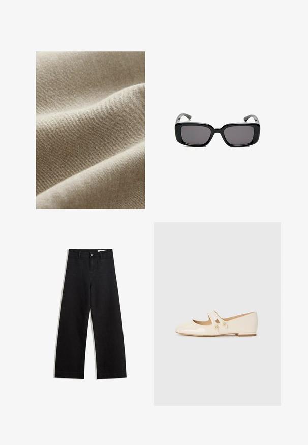 Béžová tkanina s textúrovaným vzorom, s jemnými variáciami tónu a hladkým, jemným povrchom. Detailný pohľad zvýrazňujúci záhyby.; Biele tričko vyrobené z mäkkého, ľahkého materiálu. Má okrúhly výstrih a krátke, široké rukávy s uvoľneným strihom. Bez viditeľných vzorov.; Čierne denimové nohavice s širokými nohavicami a vysokým pásom, so prednými a zadnými vreckami, šitými švami a zapínaním na gombík. Hladká textúra.; Slonovinové balerínky z patentovanej kože s dvoma dekoračnými remienkami a zlatými gombíkmi, s okrúhlou špičkou a nízkym blokovým podpätkom.; Čierne obdĺžnikové slnečné okuliare s tmavými sklami, hladkým plastovým rámom a zakrivenými stranami. Dizajn je robustný s minimalistickou estetikou.