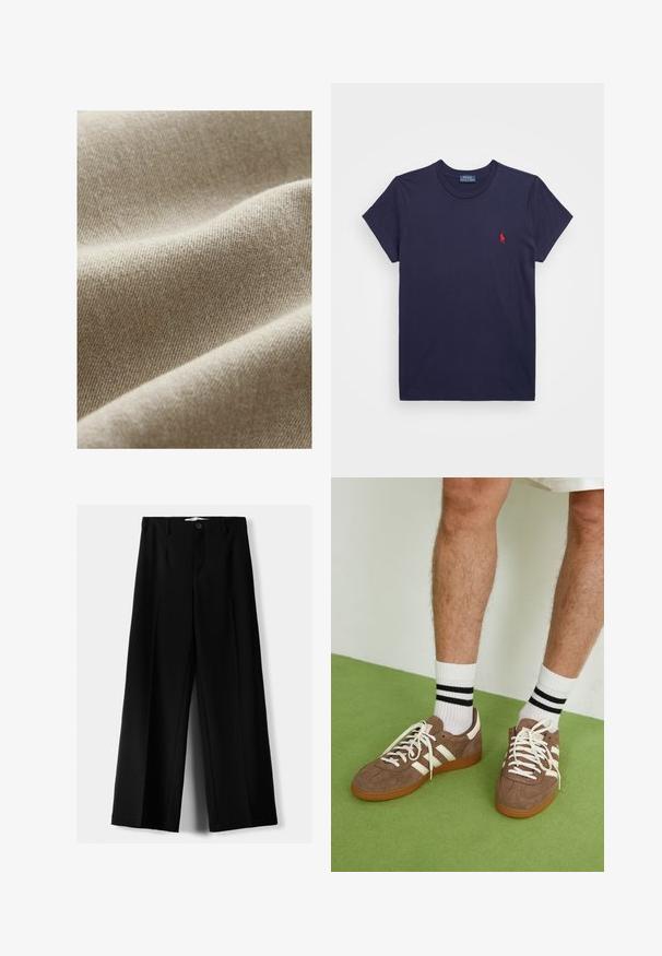 Beige tyg med en texturerad väv, med subtila tonvariationer och en mjuk, slät yta. Närbild som framhäver veck.; Mörkblå bomullströja med korta ärmar och rundad halsringning. Har en liten röd broderad logotyp på vänster bröst.; Svarta vida byxor i lätt material, med knappstängning fram och platt front, samt väl sydda fållar.; Bruna mockaskor med vita detaljer och snören. Gummisula i beige. Bärs med vita strumpor med svarta ränder. Grön strukturerad golvyta.