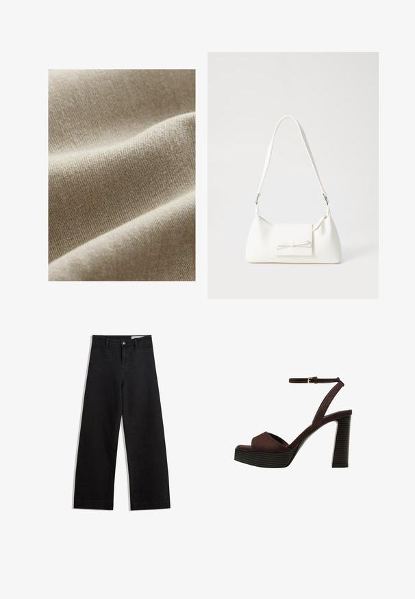 Beige fabric with a textured weave, featuring subtle variations in tone and a smooth, soft finish. Close-up view highlighting folds.; Brown short-sleeve t-shirt made of soft fabric, with a round neckline and relaxed fit. No visible patterns or accents.; Black wide-leg denim pants with a high waist, featuring front and back pockets, stitched seams, and a button closure. Smooth texture.; Brown suede high-heeled sandal with an open toe, adjustable ankle strap, and a striped platform sole.; White synthetic handbag with a triangular shape, flat front flap and bow detail, adjustable strap, smooth texture, and minimalistic design.