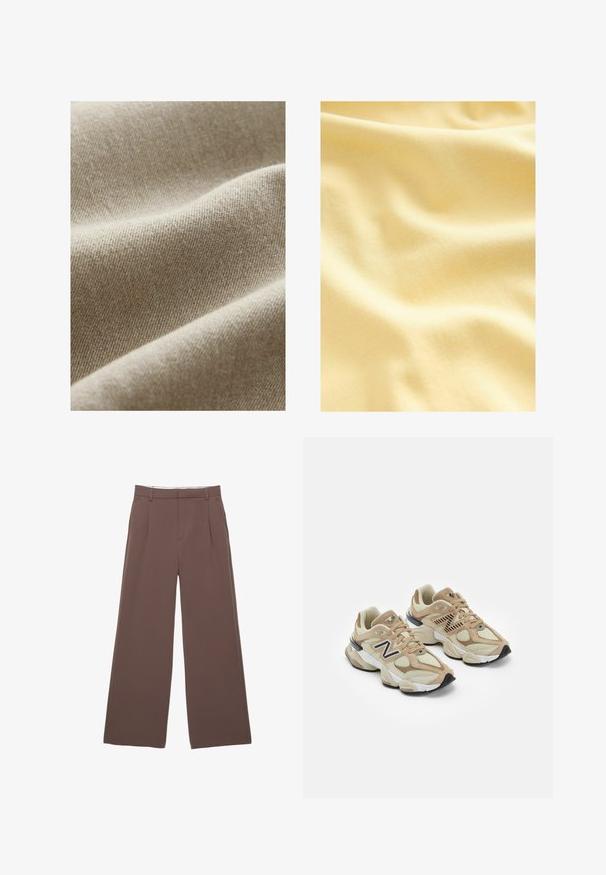 Beżowy materiał o teksturowanym splocie, z subtelnymi różnicami w odcieniu i gładkim, miękkim wykończeniu. Zbliżenie uwypuklające fałdy.; Tkanina bawełniana w miękkim, jasnoniebieskim odcieniu, charakteryzująca się gładką, lekko teksturowaną powierzchnią z delikatnymi falami i fałdami.; Szerokie spodnie w jednolitym brązowym kolorze, z gładką fakturą, fałdami z przodu i dopasowanym paskiem w talii. Brak widocznych logo lub wzorów.; Beżowe sneakersy z siateczki i zamszu. Zawierają czarne logo i teksturowane akcenty. Gruba biała środkowa podeszwa i czarna gumowa podeszwa.