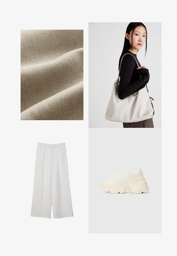 Béžová látka s texturovaným tkaním, která má jemné variace tónu a hladký, měkký povrch. Detailní pohled zdůrazňující záhyby.; Černý krátký rukávový crop top z měkké látky, s kulatým výstřihem a volnějším střihem s rovnou spodní částí.; Bílé kalhoty s širokými nohavicemi vyrobené z lehké tkaniny, s elastickým pasem a stahovací šňůrkou pro nastavitelnou velikost. Hladká textura.; Chunky bílé tenisky vyrobené z texturované síťoviny a syntetických materiálů, s tlustou podrážkou a složitými vzorovými detaily podél stran.; Beige kabelka vyrobená z měkkého materiálu, s volným designem, prošívanými detaily a dvěma ramenními popruhy. Vhodná pro každodenní použití.