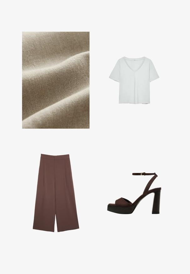 Bežna tkanina s teksturiranim tkanjem, koja sadrži suptilne varijacije u tonu i glatku, meku završnu obradu. Prikaz izbliza koji naglašava nabore.; Svijetlosiva kratkotrajna majica s V-izrezom, izrađena od mekog materijala; ima opušteni kroj i čiste šavove bez uzoraka.; Smeđe hlače širokog kroja s glatkom teksturom, koje imaju visok struk i nabore sprijeda. Tkanina je lagana i slobodno se kreće.; Smeđe zamšaste sandale s visokim potpeticama, otvorenim prstima, podesivom trakicom oko gležnja i prugastom platformom.
