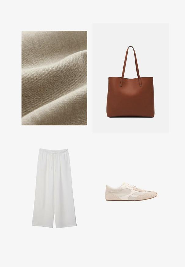 Beiger Stoff mit strukturierter Webart, der subtile Tonänderungen und eine glatte, weiche Oberfläche aufweist. Nahaufnahme, die die Falten hervorhebt.; Weißes T-Shirt mit kurzen Ärmeln aus Baumwolle. Hat einen Rundhalsausschnitt und eine lockere Passform. Glatte Textur ohne sichtbare Muster oder Akzente.; Weiße, weit geschnittene Hosen aus leichtem Stoff, mit einem elastischen Bund und einem Zugband für eine verstellbare Passform. Glatte Textur.; Beige Sportschuh aus einer Mischung von Mesh- und Wildledermaterialien, mit runder Zehenpartie und Schnürsenkeln. Strukturierte Akzente im Obermaterial verbessern den Halt.; Braune Leder-Tote mit glatter Textur, offenem Oberteil und zwei Schulterriemen. Verfügt über minimale Nähte und keine sichtbaren Beschläge.