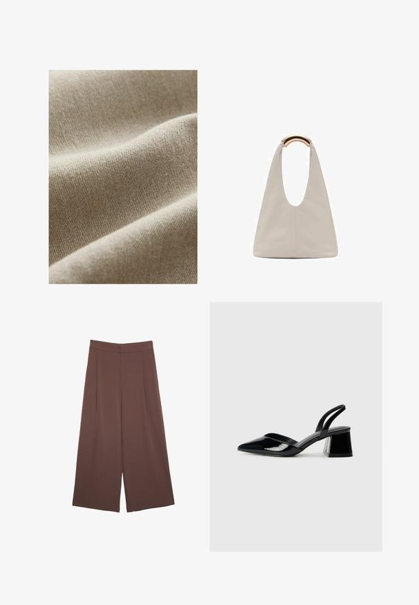 Beige kangasta, jossa on teksturoitu kudonta, hienovaraisia sävyeroja ja sileä, pehmeä pinta. Lähikuva, joka korostaa poimuja.; Ruskea puuvillapaita, jossa on lyhyet hihat ja syvä V-kaula-aukko. Yksinkertainen muotoilu, pehmeä rakenne ja suora helma. Ei kuvioita tai yksityiskohtia.; Ruskeat leveälahkeiset housut, joissa on sileä pinta, korkea vyötärö ja etupleat. Kangas on kevyttä ja laskeutuu väljänä.; Mustat patentoitu nahkakengät, joissa on säären takaosa ja terävä kärki, sekä geometrinen palikkakorko. Sisältää tyylikkään, minimalistisen muotoilun ja sileän pinnan.; Vaalea harmaa nahkalaukku, jossa on U-muotoinen muotoilu ja kaareva metallikahva. Suora pinta, jossa on minimaalinen ompelu ja ei näkyviä kuvioita.