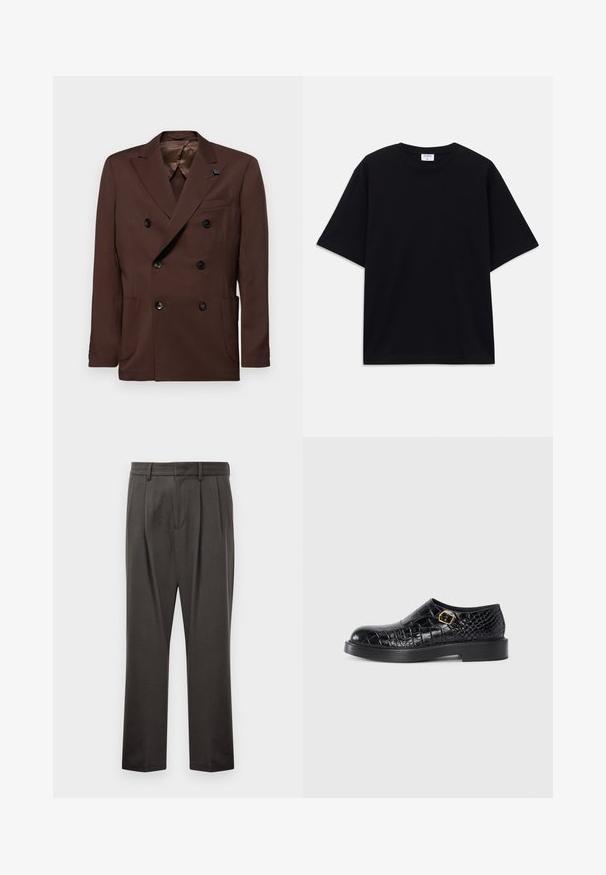 Blazer castanho de dois botões, feito de um tecido com uma textura suave. Apresenta botões pretos, dois bolsos frontais e um colarinho em pico.; T-shirt oversized de manga curta preta com decote redondo e etiqueta da marca Filippa K visível no interior da gola.; Calças cinza escuras feitas de um tecido texturizado, com frente lisa, pregas, pernas direitas e passadores de cinto. Sem hardware ou padrões visíveis.; Sapatilha preta de couro com textura em relevé de crocodilo, bico redondo, sola de borracha plana e detalhe de fivela quadrada em tom dourado lateral.