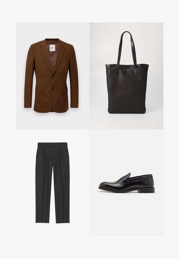 Brown tailored blazer with notch lapels, two buttons, flap pockets, and a chest welt pocket, labeled "Sandro" inside collar.; Light blue long-sleeve shirt with a pointed collar, black buttons, and a unique cutout in the front for distinctive design.; Black pleated trousers made from a smooth fabric; features a waistband with belt loops and a straight-leg cut. Minimalist design with no patterns.; Black leather loafers with a smooth texture, rounded toe, and a decorative strap across the vamp. Low stacked heel, minimalist design.; Black canvas tote bag with black leather handles. Simple design, spacious body, and a smooth texture. No visible logos or patterns.