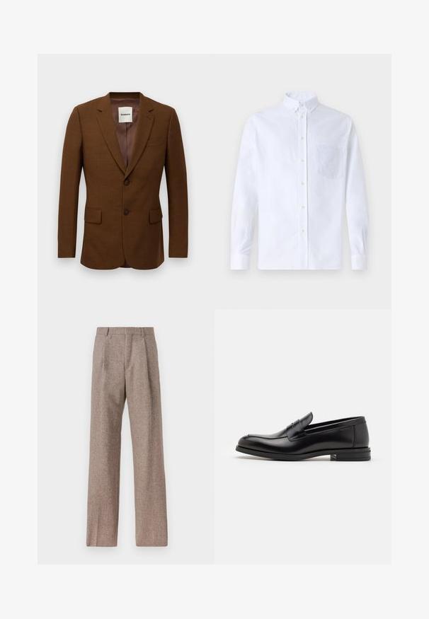 Rudas pritaikytas švarkas su įpjovomis atlapais, dviem mygtukais, kišenėmis su apvadu ir krūtinės kišenė su įsiūtu ženklu "Sandro" apykaklėje.; Balta ilga rankovė mygtukų marškiniai, pagaminti iš medvilnės, su krūtine kišene ir toniniu siuvinėjimu, apykakle ir mygtukų apvadu.; Rudos, aukšto liemens kelnes, pagamintas iš tekstūruotos medžiagos. Plati kojos, dvi priekinės klostės struktūrai. Tvarkingas apdailos darbai, be matomų detalių.; Juodos odinės loafers, turinčios lygų paviršių, apvalią noselę ir dekoratyvinę juostą per priekinę dalį. Žemas krentantis kulnas, minimalistinis dizainas.