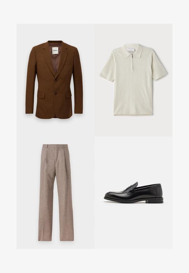 Brązowa marynarka o dopasowanym kroju z klapami, dwoma guzikami, kieszeniami typu flap oraz kieszonką piersiową, z metką "Sandro" wewnątrz kołnierza.; Koszulka polo z krótkim rękawem w jasnym beżu z zamkiem przy kołnierzu. Wykonana z gładkiej tkaniny, charakteryzuje się prostym, nowoczesnym wzornictwem bez wzorów.; Biała koszula z długim rękawem na guziki, wykonana z bawełny, z kieszonką na piersi z tonowym haftem, kołnierzykiem i zapięciem na guziki przy mankietach.; Brązowe, wysokiej talii spodnie wykonane z teksturowanej tkaniny. Posiadają szerokie nogawki i dwa przednie zakładki dla lepszej struktury. Starannie wykończone, bez widocznych elementów metalowych.; Czarne skórzane mokasyny o gładkiej fakturze, zaokrąglonym nosku i dekoracyjnym pasku na przodzie. Niski, warstwowy obcas, minimalistyczny design.
