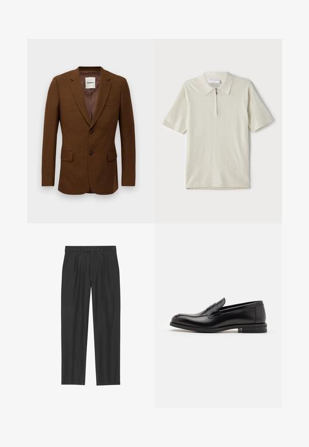Brown tailored blazer with notch lapels, two buttons, flap pockets, and a chest welt pocket, labeled "Sandro" inside collar.; Short-sleeve polo shirt in light beige with a zippered collar. Made of smooth fabric, features a simple, modern design without patterns.; Black pleated trousers made from a smooth fabric; features a waistband with belt loops and a straight-leg cut. Minimalist design with no patterns.; Black leather loafers with a smooth texture, rounded toe, and a decorative strap across the vamp. Low stacked heel, minimalist design.