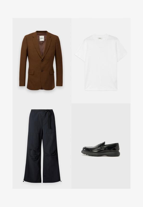 Brūns šūts žakets ar griezuma atloka kātiem, diviem pogām, kabatām ar atloku un krūšu kabatiņu, iekšējā apvalkā marķēts ar "Sandro".; Balts kokvilnas T-kreklis ar apaļu kaklu, īsām piedurknēm un diskrētu logo, kas izdrukāts priekšpusē. Gluda tekstūra un vienkāršs dizains.; Melnie platās bikses, izgatavotas no viegla auduma, ar jostu jostasvietā, priekšējām kabatām un regulējamiem apmalēm ar siksnām.; Melnas ādas loafers ar spīdīgu apdari, noapaļota pirksta forma, smalkas šuvju detaļas un bieza gumijas zole ilgstošai lietošanai.