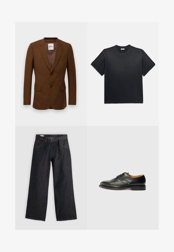 Hnedý upravený blejzer s klopami, s dvoma gombíkmi, s vreckami na klopách a s náprsním vreckom, označený "Sandro" na vnútornej strane goliera.; Čierne bavlnené tričko s okrúhlym výstrihom a krátkymi rukávmi. Má voľný strih, hladkú textúru a minimalistický dizajn.; Tmavé denimové nohavice so širokými nohavicami a opaskom v páse, s prednými vreckami a kontrastným šitím. Hladká textúra s čistým dizajnom.; Čierne kožené formálne topánky so hladkým povrchom, zaoblenou špičkou a minimálnym šnurovaním. Majú decentný dizajn a nízku, pevnú gumovú podrážku.