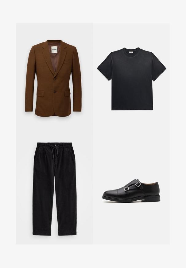 Blazer marrón a medida con solapas de muesca, dos botones, bolsillos de solapa y un bolsillo en el pecho, etiquetado "Sandro" en el interior del cuello.; Camiseta negra de algodón con cuello redondo y mangas cortas. Presenta un corte relajado, una textura suave y un diseño minimalista.; Pantalones de pana negra con corte relajado, que cuentan con una cinturilla elástica con cordón ajustable y bolsillos laterales. La tela presenta una textura acanalada.; Zapato de vestir negro de cuero con cierre de doble hebilla, punta redonda, costuras sutiles y suela de goma plana y texturizada.