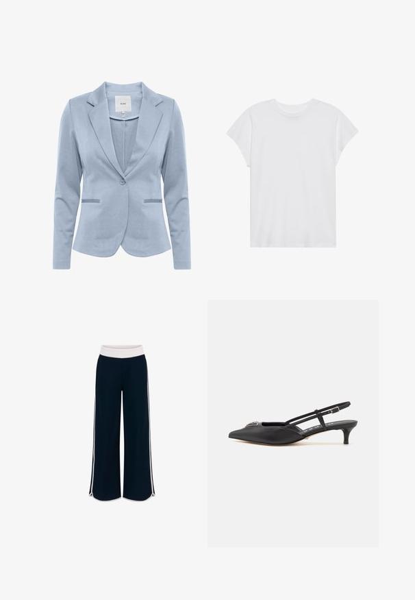 Gaiši zils bleizeris izgatavots no gludas auduma, ar šallītes apkakli, vienu pogu un divām priekšējām kabatām. Klasisks pielāgotas formas dizains.; Balta īsām piedurknēm T-kreklā ar apaļu kakla izgriezumu, brīvā griezumā, izgatavota no mīksta kokvilnas auduma. Gluda tekstūra, bez rakstiem vai logo.; Jūras zila platā kāju bikses ar baltu elastīgu jostu un kontrastējošām sānu svītrām. Gluda tekstūra ar brīvu piegriezumu un sānu šķēlumiem apakšmalā.; Melnas slingback apavus ar smailu purngalu, izgatavoti no gludas materiāla, ar mazu papēdi un dekoratīvu sudraba akcentu uz priekšpuses.