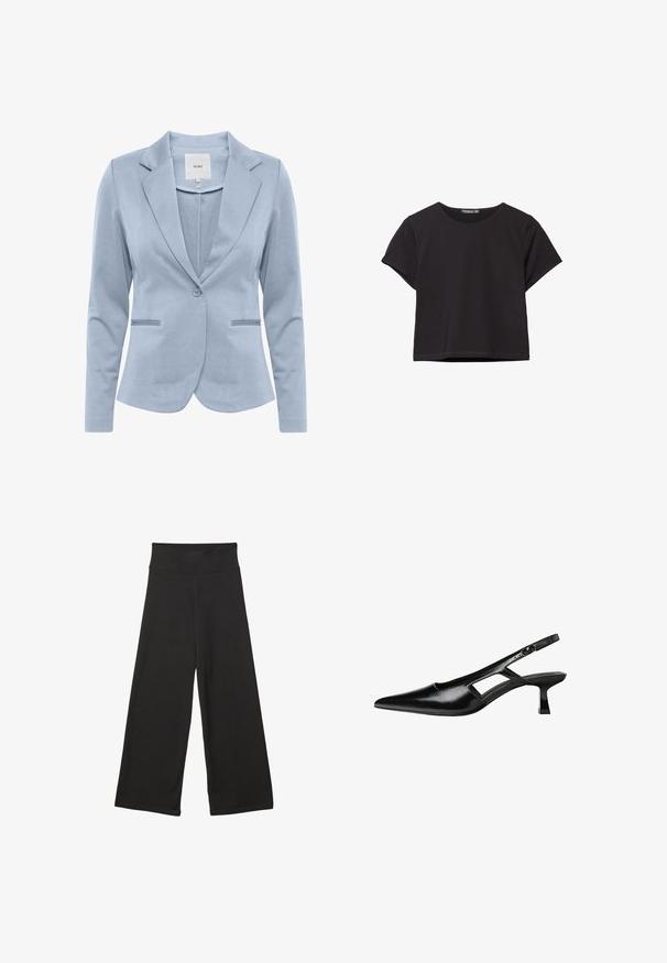 Svetlo modra blazer jakna iz gladkega materiala, z vratnim izrezom v obliki šal, enojnim gumbom in dvema sprednjima žepoma. Klasična krojena zasnova.; Črn kratki top s kratkimi rokavi, narejen iz mehkega materiala, z okroglo izrezom in sproščenim krojem ter čistim robom.; Črne široke hlače z visokim elastičnim pasom, izdelane iz mehke tkanine in ohlapnega kroja, primerne za sproščeno nošenje ali casual priložnosti.; Črne patentični usnjeni salonarji s slingback designom, z zašiljenim nosom, izrezanim stranskim dizajnom in majhnim kvadratnim peto. Gladka tekstura z minimalnimi detajli.