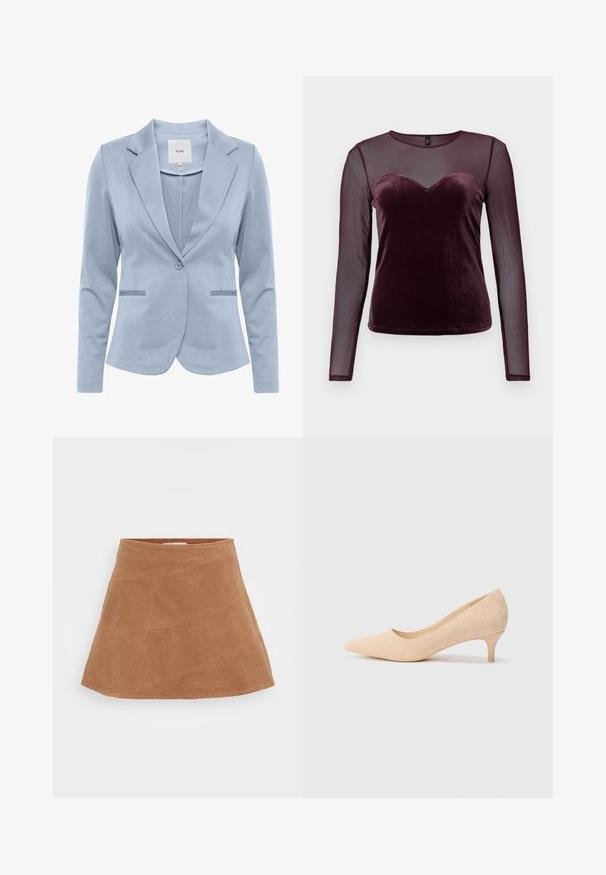 Heledad sinine bleiser, mis on valmistatud siledast kangast, šaalikaelusega, ühe nupuga kinnitatav ja kahe esipocketiga. Klassikaline kohandatud disain.; Burgundia pikkade varrukatega topp, millel on sametist kehakate südamet kujuga kaelus ja läbipaistvad võrkkangast varrukad, sile tekstuur ja keha lähedane disain.; Pruunist korduroost mini-seelik, millel on flared disain, diagonaalsed õmblused ja sile tekstuur. Ülal lame vöökoht.; Beige suede kõrge kontsaga king, millel on terav nina ja õhuke 2-tolline konts. Sile tekstuur ja minimaalne detailitus ülemisel pinnal.