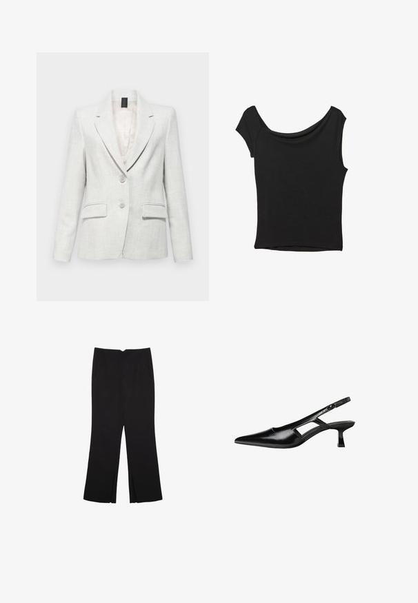 Ljusgrå blazer i texturerad tyg med slagkrage, två framfickor och två knappar vid midjan.; Svart kortärmad topp i slät tyg; har en draperad halsringning och asymmetrisk nederkant, med en figursydd kropp.; Svarta byxor med rak passform, utrustade med framfickor och sidoklyvningar vid fållen. Tillverkade av mjukt, slätt tyg. Lämpliga för olika tillfällen.; Svart lackläder slingback-klackar med spetsig tå, utskuren sidor och en liten fyrkantig klack. Slät textur med minimala accenter.