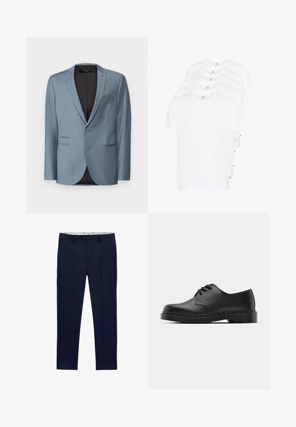 Svetle modrá saka se zářezovými klopy, dvěma knoflíky a jednou náprsní kapsou. Texturovaná tkanina s černou podšívkou.; Bílé trička s krátkým rukávem poskládaná, vyrobená z bavlny. Mají kulatý výstřih a rovný střih. Tkanina vypadá hladce, bez vzorů.; Námořnické modré kalhoty se slim fit a pruhovaným vzorem. Obsahují zip, poutka na opasek a přední kapsy. Hladká textilie.; Černé kožené oxfordy s šněrováním, zakulacenou špičkou, plochou gumovou podrážkou a jemným prošíváním podél svršku.