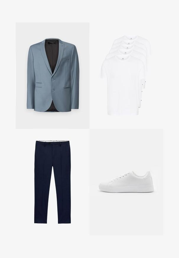 Lichtblauwe colberjack met notch-lapels, twee knopen en een enkele borstzak. Textuurstof met een zwarte binnenvoering.; Witte T-shirts met korte mouwen gestapeld, gemaakt van katoen. Heeft een ronde hals en een rechte snit. Stof lijkt soepel zonder patronen.; Marineblauwe broek met een slim fit en een streepdessin. Beschikt over een ritssluiting, ceintuurlussen en zijzakken. Soepele stofstructuur.; Witte sneakers met een gladde synthetische bovenkant, ronde neus, zes oogjes voor veters en een lage rubberen zool met textuurdetails.