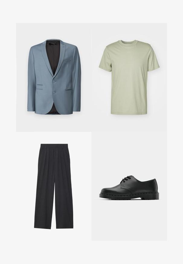 Helehelesinine ülikond, millel on lõige, kaks nuppu ja üks rinna tasku. Tekstuuriga kangas musta voodriga.; Hõbedane rohelise värvi puuvillane T-särk, ümmarguse kaelusega, lühikeste varrukatega ja keskel rinnal diskreetne brändi logo.; Laiene püksid, mis on valmistatud tumedast hallist kangast. Omavad vööümbrikus voldikuid, on kohandatud disainiga ja sirge siluett.; Mustad musta nahast oksfordi king, millel on paeltega disain, ümar nina, lame kummist tallal ja diskreetne õmblemise detail ülemise osa ääres.