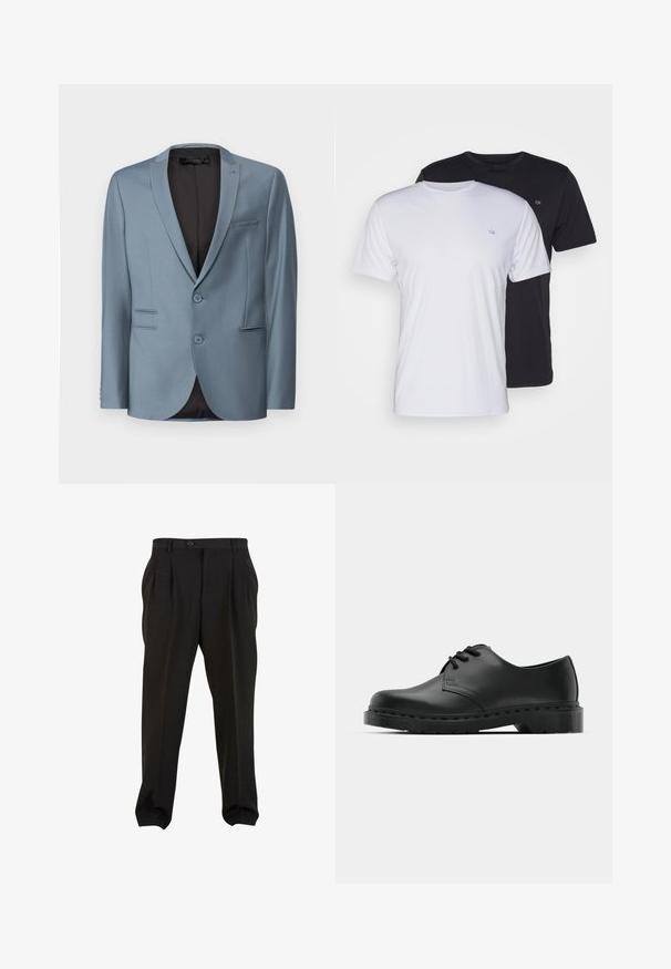 Chaqueta de traje de color azul claro con solapas en muesca, dos botones y un bolsillo en el pecho. Tejido texturizado con un forro interior negro.; Dos camisetas de algodón en blanco y negro, de manga corta y cuello redondo, con un pequeño logo en el pecho, de textura suave.; Pantalones negros de tejido suave, con pliegues frontales, cinturilla con botón y puños en los tobillos ajustados. Silueta clásica y ajustada.; Zapato oxford de cuero negro con diseño de cordones, punta redonda, suela de goma plana y un sutil detalle de costura en la parte superior.