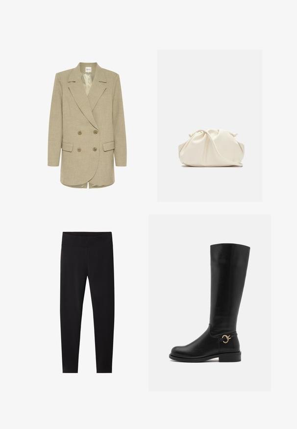 Doppelreiher-Blazer aus leichtbeigem Stoff mit strukturiertem Finish, ausgestattet mit Reverskragen, zwei Vorderaschen und goldfarbenen Knöpfen.; Intimissimi CHRISTMAS - Langarmshirt - black; Schwarze Leggings mit einem dicken, elastischen Bund. Hergestellt aus einem glatten, dehnbaren Material, angepasst für eine enganliegende Silhouette und ohne sichtbare Muster.; Anna Field Wide Fit Stiefel - black; Cremfarbener, weicher Kunstlederbeutel mit gerafftem Design, verstellbarem Schultergurt und subtiler Kordelzug-Verschluss. Glatte Textur und runde Form.