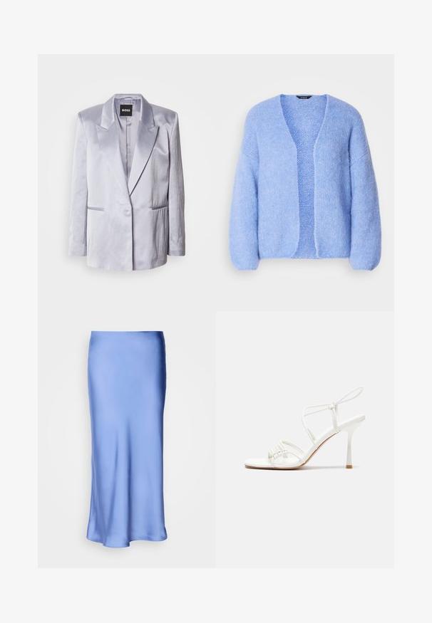 Heled hall satiinist bleiser, millel on nurgelised klapid, ühe nööbiga esiosa ja kaks küljetaskut; sile tekstuur koos struktureeritud õlgadega.; Lindex VANESSA - Kardigan - light blue; Asümmeetrilise kujuga valge tank top ühe õlaga, valmistatud siledast kangast, millel on kehakumerus ja puhtad servad.; Satiinsinine sinine midi-seelik, millel on sile ja läikiv viimistlus. Laienev siluett, äär on pehmelt kaardus, rõhutades selle voolavat disaini.; Valge rihmadega kõrge kontsaga sandaal, millel on lamedad varbatoed, tekstuuriga esiosa kogutud detailidega ja kitsas pahkluu rihm.