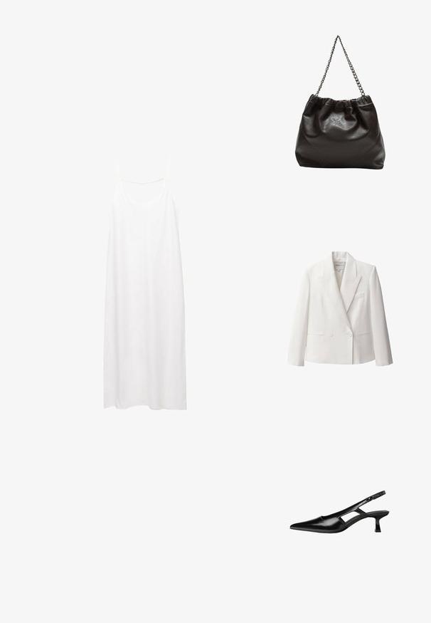 Hvid dobbeltradet blazer i et glat stof, med spidse slag, to forlommer og en enkelt brystlomme.; Hvid, ærmeløs kjole med V-udskæring og tynde stropper. Enkel, lige snit med en glat tekstur og uden mønstre eller udsmykninger.; Sorte patentlæder slingback hæle med spids tå, udskåret sideskærm og en lille firkantet hæl. Glat tekstur med minimale detaljer.; Brun lædertaske med en rynket top og en kædestrop. Glat tekstur med en blank finish og subtile sømdetaljer på siderne.