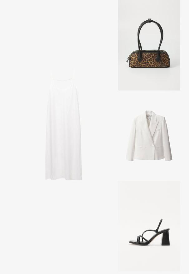 Biela dvojradová blazerka z hladkej látky, so zaoblenými klopami, dvoma prednými vreckami a jedným náprsním vreckom.; Biele, bezrukávové šaty s V-výstrihom a tenkými ramienkami. Jednoduchý, rovný strih s hladkou textúrou a bez vzorov alebo ozdôb.; Čierne sandále na podpätku so štvorcovým, masívnym podpätkom, ktoré majú viacero tenkých popruhov cez chodidlo a otvorený zadný dizajn. Hladká kožená textúra.; Kabelka so leopardím vzorom a čiernym umelým koženým dnom, s dvoma hornými uchami, zlatým zipsom a čiernymi umelými koženými detailami. Obdĺžnikový tvar.