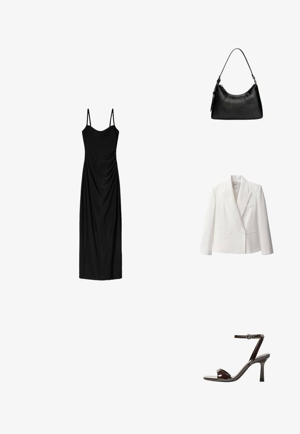Bela dvoredna jakna iz gladkega materiala, z nazobčanimi klapnicami, dvema sprednjima žepoma in enim žepom na prsih.; Črna midi obleka z tankimi nastavljivimi naramnicami, z drapirano zasnovo in gladko teksturo. Brez vidnih vzorcev ali okrasnih elementov.; Rjave visokosprti sandali iz pateniranega usnja z zaponko okoli gležnja, odprto konico in eleganten, minimalističen dizajn. Imajo kvadratno peto.; Črna sintetična usnjena torbica s ukrivljeno obliko, kratko ročico, zapiranjem na zadrgo in subtilnim teksturiranim vzorcem na površini.