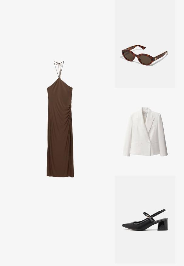 Weißes zweireihiges Sakko aus glattem Stoff, mit Reverskragen, zwei frontalen Taschen und einer einzelnen Brusttasche.; Braunes ärmelloses Maxikleid mit verstellbaren Bindeträgern, das eine drapierte Textur und einen figurbetonten Schnitt aufweist. Aus weichem Stoff.; Schwarze Lackleder-Slingback-Absätze mit spitzer Zehenform, einem runden Ausschnitt-Design und einem Blockabsatz. Mit einem goldfarbenen Schnallenakzent.; Schildpatt-Sonnenbrillen mit runden Rahmen, dunklen Gläsern und goldfarbener Logodetailierung an den Schläfen. Glattes Kunststoffmaterial, keine sichtbaren Muster.; Schwarze Nylon-Umhängetasche mit geschwungener Form, silbernem Kettenakzent, abnehmbarem Mini-Pouch und verstellbarem Trageriemen; mit "Steve Madden"-Logo.