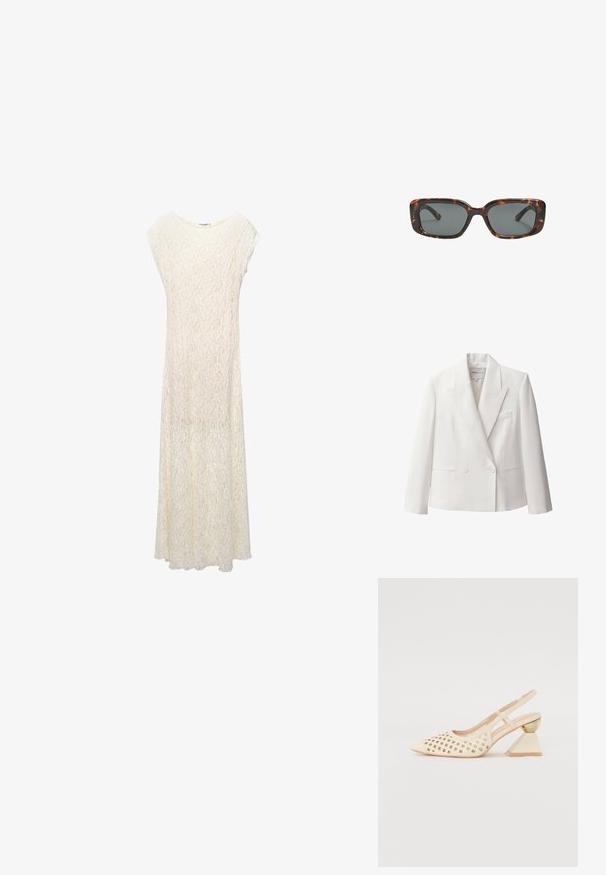 Blazer blanc à double boutonnage en tissu lisse, avec des revers à notch, deux poches avant et une poche poitrine.; Robe maxi en dentelle couleur écrue avec une coupe ample, des manches courtes et un motif floral. Le tissu est semi-transparent avec une silhouette fluide.; Chaussure slingback beige avec tige perforée, bout pointu et un talon triangulaire contrastant avec une touche dorée. Texture lisse dans l'ensemble.; Lunettes de soleil en écaille de tortue avec des verres rectangulaires, monture épaisse et verres teintés foncés. Texture lisse et design minimaliste.