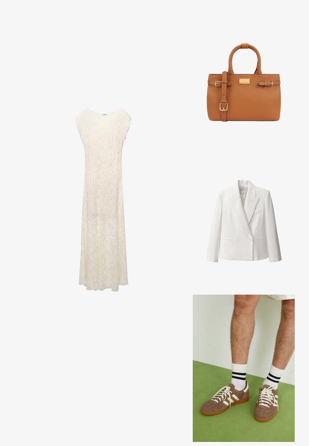 Witte dubbelknop blazer in een gladde stof, met notch-kleppen, twee voorzakken en een enkele borstzak.; Lange kanten maxi-jurk in off-white met een losse pasvorm, kapmouwen en een bloemenpatroon. De stof is semi-doorzichtig met een vloeiende silhouet.; Bruine suède sneakers met witte accenten en veters. Rubberen gumzool. Draag met witte sokken met zwarte strepen. Groene gestructureerde vloer.; Tan leren handtas met twee handgrepen aan de bovenkant, een verstelbare schouderriem, gouden hardware accenten en een rechthoekige vorm. Bevat een merkplaatje.