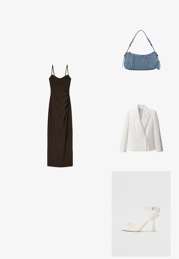 Weißes zweireihiges Sakko aus glattem Stoff, mit Reverskragen, zwei frontalen Taschen und einer einzelnen Brusttasche.; Braunes, ärmelloses Midikleid mit dünnen Trägern, das entlang der Vorderseite mit Raffung versehen ist und aus einem glatten, fließenden Stoff gefertigt wurde.; Sandaletten aus weißem Leder mit hohen Absätzen, schlankem Design, transparentem Blockabsatz und einem dekorativen Element an der Zehe.; Denim-Handtasche mit geschwungener Form, hellblauer Farbe, verstellbarem Schultergurt und einem kleinen abnehmbaren Täschchen mit metallischen Akzenten.