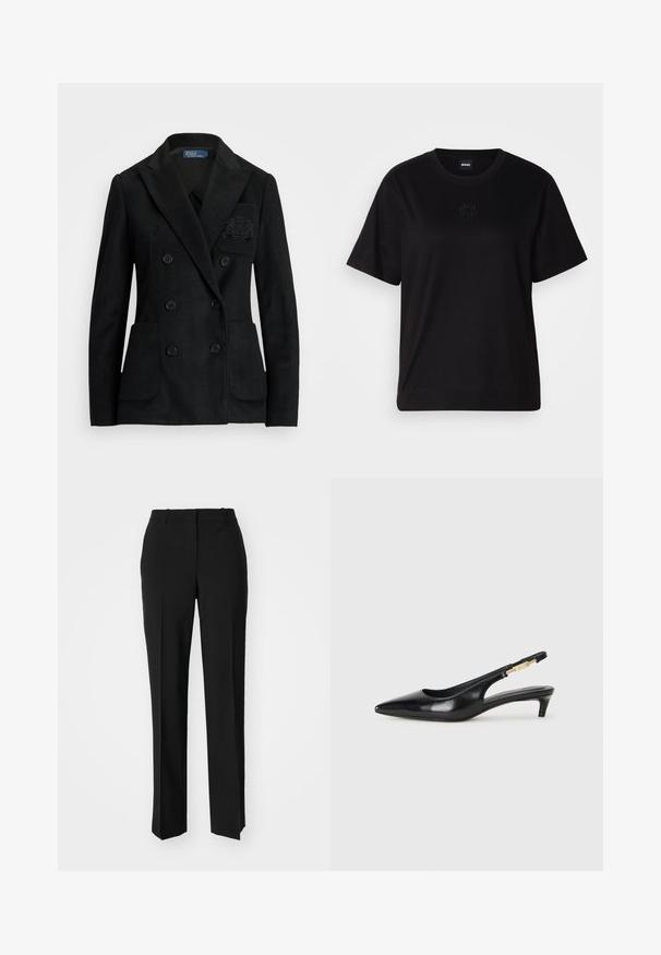 Polo Ralph Lauren Žakete - black; Melna kokvilnas T-krekls ar apaļu izgriezumu, īsām piedurknēm un izšūtu logotipu uz krūtīm. Vienkāršs, brīvs piegriezums bez rakstiem.; Melnas pielāgotas bikses ar taisnu kāju dizainu, kas raksturojas ar gludu faktūru un asiem krokām pa priekšu. Nav redzamu metāla detaļu.; Melnas ādas slingback zābaki ar smailu purngalu, ar šauru papēdi un zelta krāsas akcentu uz regulējama siksniņas. Gluda tekstūra.