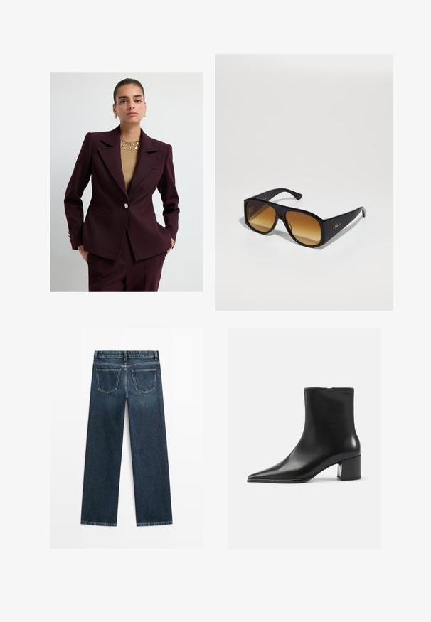Kvinde iført en skræddersyet mørk burgunder dragt og beige top med udsmykninger, stående med hænderne i lommerne mod en ensfarvet baggrund.; Hvid skjorte med knapper og lodrette lysegrå striber, spredt krave, lange ærmer og en afslappet pasform. Fremstillet af letvægtsstof.; Mørkeblå denimjeans i lige snit med to baglommer og synlig syning langs sømme og kanter.; Sort læder ankelstøvle med spidse tæer, glat tekstur og mellemhøj blokhæl. Minimalistisk design, lynlås lukning bagpå.; Sorte rektangulære solbriller med brune gradientlinser. Lavet af plast, med en glat overflade og et diskret guld logo på stangen.
