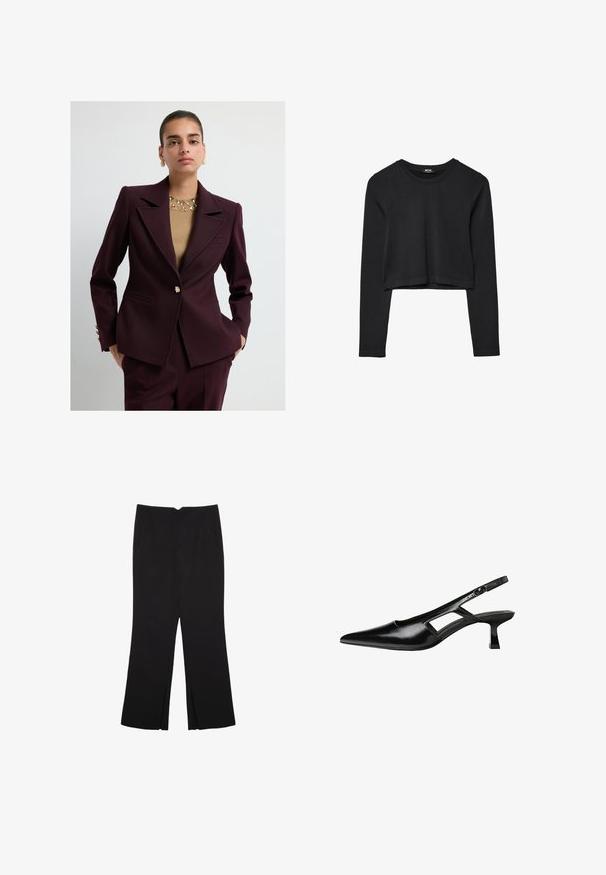 Frau in einem taillierten dunkeln burgunderfarbenen Anzug und beigem Oberteil mit Verzierungen, die mit Händen in den Taschen vor einem schlichten Hintergrund steht.; Schwarzes, langärmliges, kurz geschnittenes Oberteil mit Rundhalsausschnitt, schlichter Gestaltung und leicht abgerundetem Saum.; Schwarze Hose mit geradem Schnitt, ausgestattet mit Fronttaschen und Seitenschlitzen am Saum. Hergestellt aus weichem, glattem Stoff. Geeignet für verschiedene Anlässe.; Schwarze Lackleder-Slingback-High Heels mit spitzer Zehenform, ausgeschnittenem Seitendesign und kleinem Blockabsatz. Glatte Textur mit minimalen Akzenten.