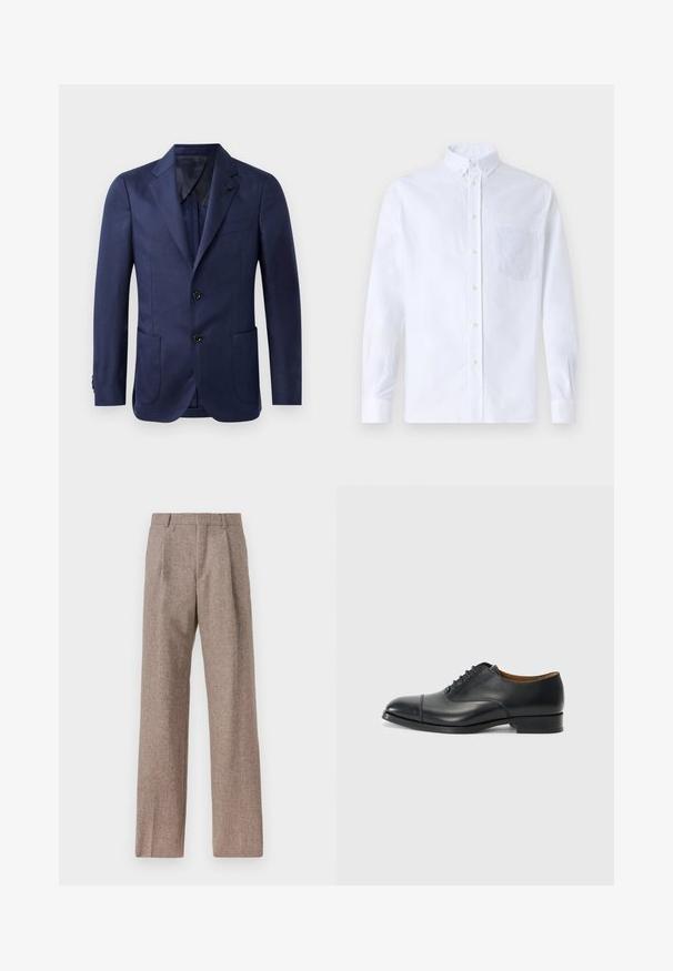 Tumesinine bleiser, millel on sälguline krae, kaks eesmist taskut, kahe nupuga kinnitamine ja sile kangastruktuur. Omab musti nuppe ja elegantset disaini.; Valge pikamaa varrukatega nööbiga särk, mis on valmistatud puuvillast ja millel on rinna tasku toon-toonis brodeeringuga, krae ja nööbiga mansetid.; Prunnid, kõrge vöökohaga püksid, mis on valmistatud tekstureeritud kangast. Omavad laiu jalgu ja kahte eesmist voldikut struktuuri jaoks. Korralik viimistlus, ilma nähtava riistvarata.; Must have nahkkingak, sileda viimistluse, ümarate varvastega, viie silmaga paelte jaoks ja madala ploki kontsaga. Minimalistlik disain koos diskreetsete õmblustega.