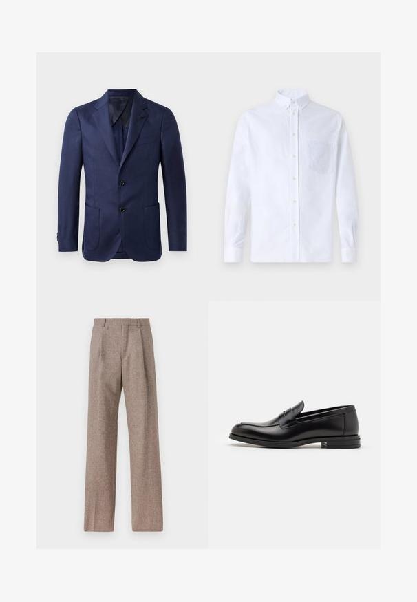 Granatowa marynarka z klapami, dwoma przednimi kieszeniami, zapięciem na dwa guziki i gładką teksturą tkaniny. Posiada czarne guziki i elegancki design.; Biała koszula z długim rękawem na guziki, wykonana z bawełny, z kieszonką na piersi z tonowym haftem, kołnierzykiem i zapięciem na guziki przy mankietach.; Brązowe, wysokiej talii spodnie wykonane z teksturowanej tkaniny. Posiadają szerokie nogawki i dwa przednie zakładki dla lepszej struktury. Starannie wykończone, bez widocznych elementów metalowych.; Czarne skórzane mokasyny o gładkiej fakturze, zaokrąglonym nosku i dekoracyjnym pasku na przodzie. Niski, warstwowy obcas, minimalistyczny design.
