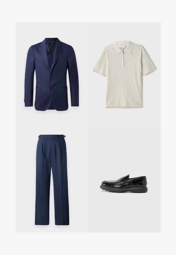 Marineblazer met een geknipt revers, twee voorzakken, sluiting met twee knopen en een soepele stofstructuur. Kenmerkend zijn de zwarte knopen en het strakke ontwerp.; Korte mouwen polo in lichtbeige met een ritskraag. Gemaakt van gladde stof, voorzien van een eenvoudig, modern ontwerp zonder patronen.; Donkerblauwe op maat gemaakte broek, gemaakt van gestructureerde stof, met een hoge taille, plooien en verstelbare zijbanden voor een goede pasvorm.; Zwarte leren instapper met een glanzende afwerking, een ronde neus, subtiele stiksels en een dikke rubberen zool voor duurzaamheid.