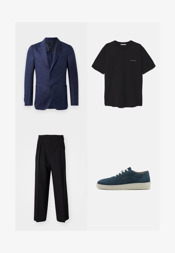 Kék blézer, hegyes hajtókával, két elülső zsebbel, két gombos záródással és sima szövet textúrával. Fekete gombokkal és elegáns dizájnnal rendelkezik.; Fekete pamut T-shirt kerek nyakkivágással, rövid ujjakkal, és fehér logónyomattal a bal mellrészen. Egyszerű, egyszínű dizájn.; Fekete, pliszírozott nadrág, egyenes, széles lábakkal. Sima anyagból készült, gombos záródással és övhurkokkal rendelkezik.; Kék velúr sneaker lekerekített orral, fehér fűzővel és gumitalppal. Diszkrét varrásokkal és oldalsó márkázott akcentussal rendelkezik.