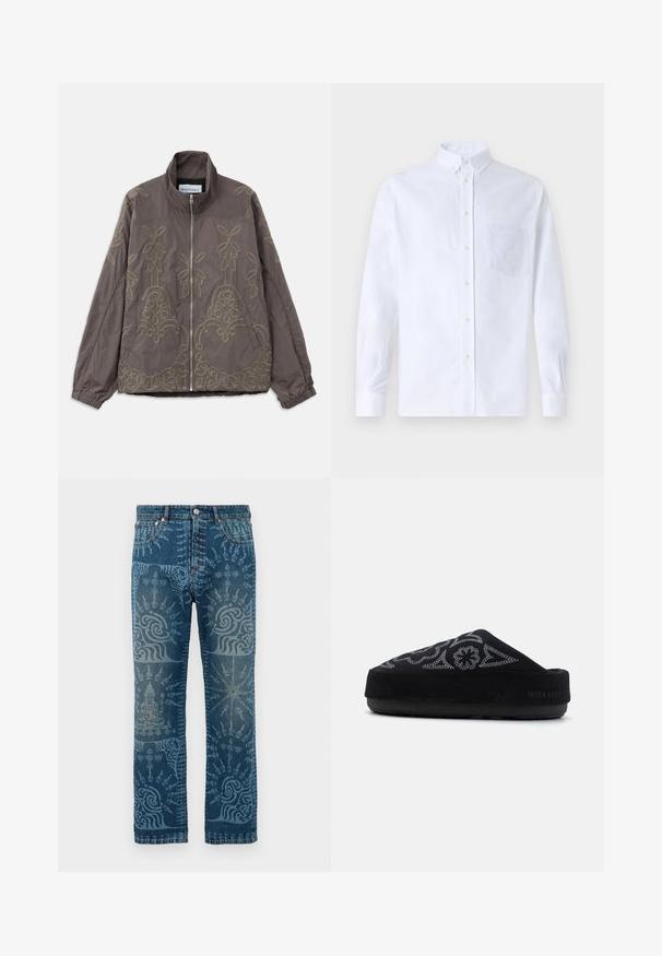 Hnedá vyšívaná bunda s vysokým golierom, s komplexnými kvetinovými a vírivými vzormi. Má predný zips a elastické manžety.; Biely dlhý rukáv košeľa s gombíkmi vyrobená z bavlny, s náprsného vrecka s tonálnou výšivkou, golierom a gombíkovými manžetami.; Džínsy zo stredne modrého prania, majúce zložitý svetlomodrý vzor, rovný strih, klasický päť-vreckový štýl a zapínanie na gombík.; Čierne semišové slip-on topánky s vyšívaným motívom, zaoblenou špičkou, hrubou podrážkou a nápisom "MOON BOOT" na päte. Štruktúrovaný povrch.