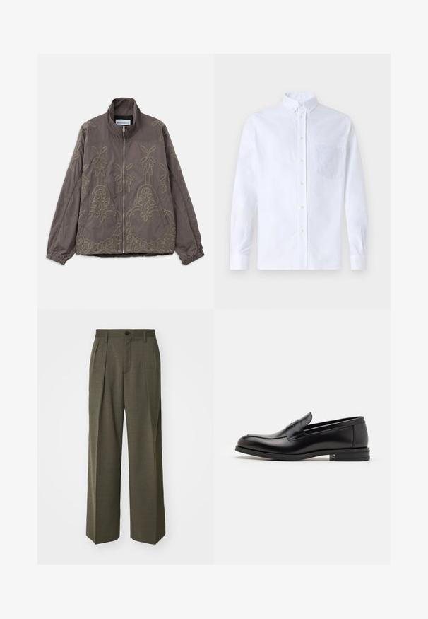 Hnedá vyšívaná bunda s vysokým golierom, s komplexnými kvetinovými a vírivými vzormi. Má predný zips a elastické manžety.; Biely dlhý rukáv košeľa s gombíkmi vyrobená z bavlny, s náprsného vrecka s tonálnou výšivkou, golierom a gombíkovými manžetami.; Filippa K WIDE TROUSERS - Nohavice - driftwood; Čierne kožené mokasíny s hladkou textúrou, zaoblenou špičkou a dekoračným pásikom cez priehlavok. Nízky vrstvený opätok, minimalistický dizajn.