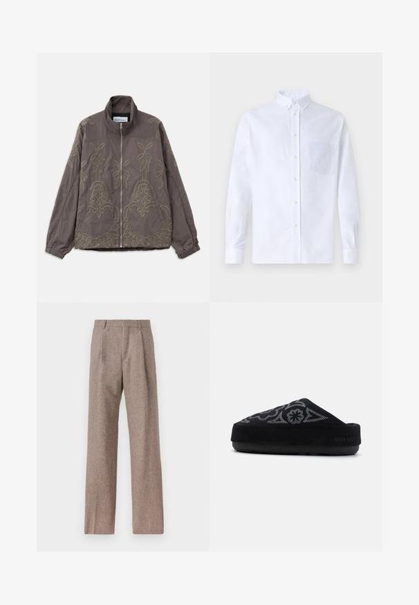 Ruda siuvinėjimo striukė su aukštu apykakle, turinti sudėtingų gėlių ir vingiuotų raštų. Ji turi priekinį užtrauktuką ir elastingas rankoves.; Balta ilga rankovė mygtukų marškiniai, pagaminti iš medvilnės, su krūtine kišene ir toniniu siuvinėjimu, apykakle ir mygtukų apvadu.; Rudos, aukšto liemens kelnes, pagamintas iš tekstūruotos medžiagos. Plati kojos, dvi priekinės klostės struktūrai. Tvarkingas apdailos darbai, be matomų detalių.; Juoda zomšinė slip-on avalynė su išsiuvinėjimu, suapvalintu pirštu, storu padu ir užrašu "MOON BOOT" ant kulno. Tekstūruotas paviršius.