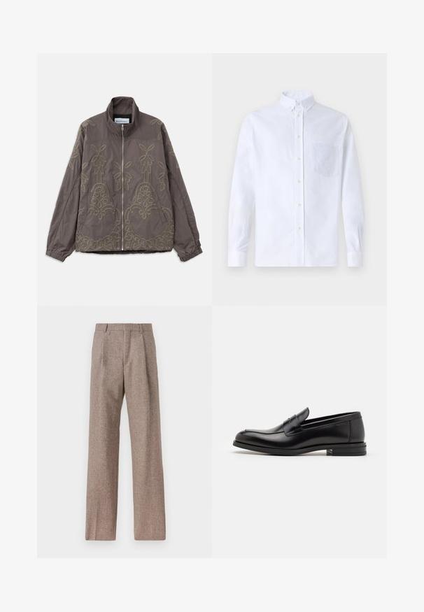 Bruine geborduurde jas met een hoge kraag, voorzien van ingewikkelde bloemmotieven en spiraalpatronen. Het heeft een ritssluiting aan de voorkant en elastische manchetten.; Witte lange mouwen overhemd van katoen, met een borstzak met tonale borduring, een kraag en knopenmanchetten.; Bruine, hooggewaisted broeken van een gestructureerde stof. Heeft wijde benen en twee voorplooien voor extra structuur. Net afgewerkt zonder zichtbare hardware.; Zwarte leren instappers met een gladde textuur, ronde neus en een decoratieve band over de wreef. Lage, gestapelde hak en minimalistisch ontwerp.