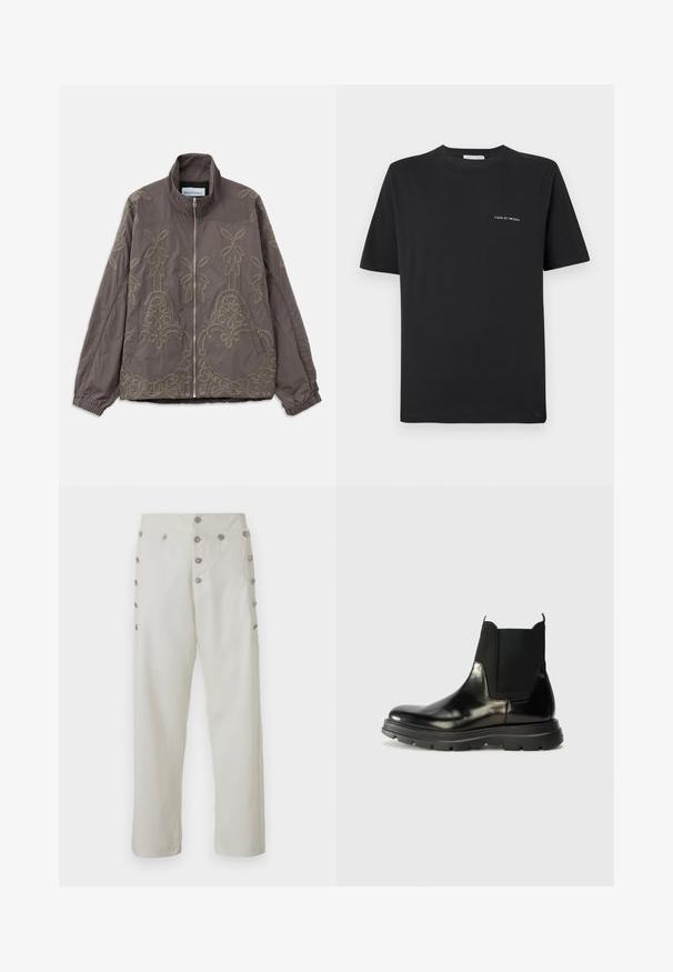 Bruine geborduurde jas met een hoge kraag, voorzien van ingewikkelde bloemmotieven en spiraalpatronen. Het heeft een ritssluiting aan de voorkant en elastische manchetten.; Zwarte katoenen T-shirt met een ronde hals, korte mouwen en een klein wit "TIGER OF SWEDEN" logo op de borst. Klassieke pasvorm.; Crème-kleurige broek met een rechte snit en decoratieve knopen van zilverkleur aan beide zijden, gemaakt van een gladde stof.; Zwarte leren Chelsea-boots met elastische zijpanelen, een ronde neus en een gestructureerde rubberen zool met groeven voor grip.