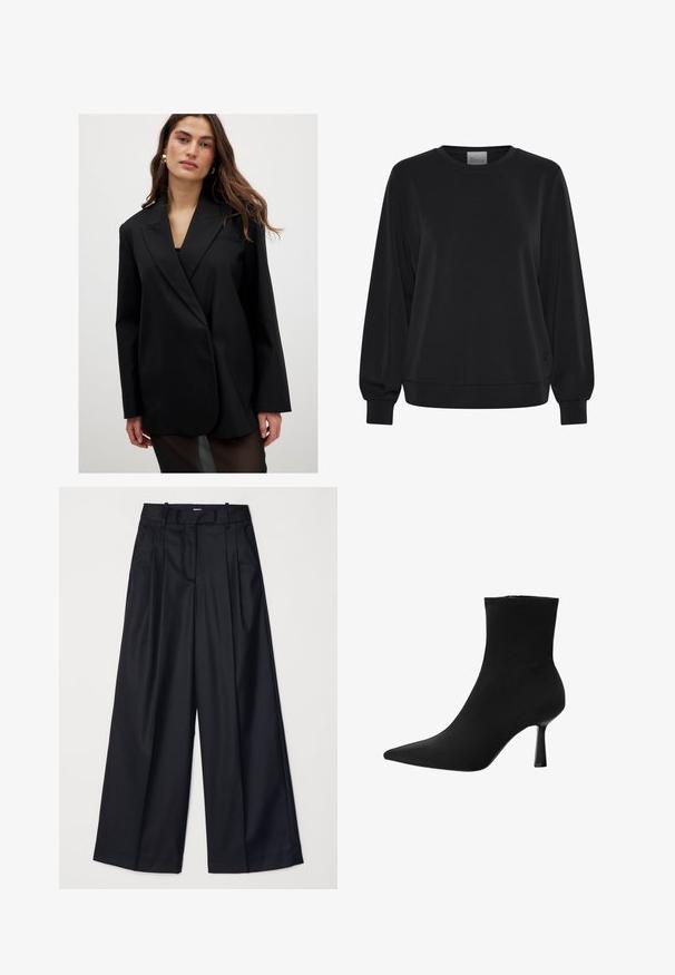 Mustat bleiseri, joka on valmistettu sileästä kankaasta, jossa on lovettu kaulus, pitkät hihat ja yksi nappi. Hieman ylipitkä, minimaalisen yksinkertainen.; Mustapaita pitkähihaisilla, pyöreällä kaula-aukolla ja ribbineittohuvuilla. Siinä on sileä pinta ja huomaamaton logoyksityiskohta edessä.; Musta leveälahkeinen housut, jotka on valmistettu sileästä kankaasta. Niissä on korkea vyötärö, laskoksia ja räätälöity muotoilu. Yksinkertaiset mustat metalliosat vyötäröllä.; Musta nilkkuri, joka on valmistettu sileästä kankaasta, terävällä kärjellä ja hoikalla stiletto-korolla, saumatonta muotoilua ilman näkyvää varustusta.