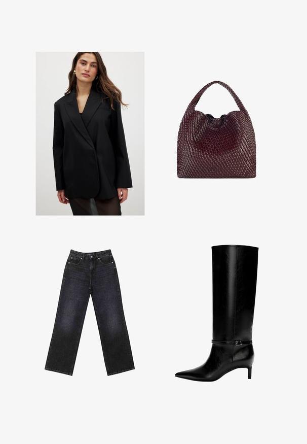 Blazer noir en tissu lisse, avec un col cranté, des manches longues et un seul bouton. Légèrement surdimensionné, avec un minimum de détails.; Chemise à carreaux coupée dans des tons de bourgogne et de marron, avec un rabat à boutons, un col et une poche poitrine. Tissu doux avec des manches longues.; Jean en denim noir taille haute avec une coupe large, design à cinq poches et coutures visibles. Le tissu a une finition lisse, légèrement texturée.; Botte en cuir noir montante jusqu'au genou avec un bout pointu et un petit talon. Présente une sangle étroite avec une boucle métallique autour de la cheville. Texture lisse.; Sac à main bordeaux tissé de forme arrondie et muni d'une poignée unique, avec une surface texturée et une fermeture à cordon élastique.