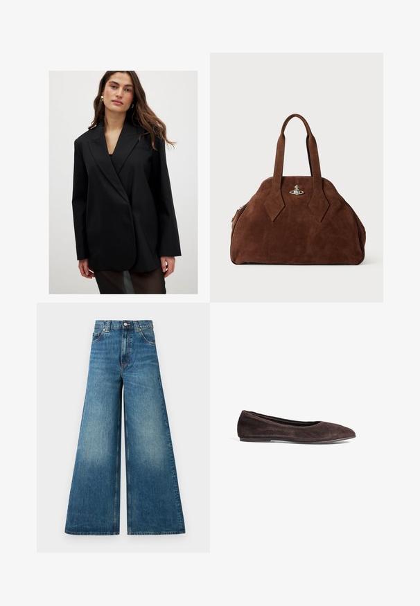 Blazer noir en tissu lisse, avec un col cranté, des manches longues et un seul bouton. Légèrement surdimensionné, avec un minimum de détails.; Débardeur blanc côtelé avec un col rond et des bretelles fines. Étiquette sur le col en violet clair. Taille visible.; Jean taille haute évasés en denim bleu délavé, dotés d'une fermeture à bouton, de passants de ceinture et de deux poches avant.; Ballerines en suède marron avec un bout pointu et un profil bas. Présentent une texture lisse et un design minimaliste. Pas de matériel ou accents visibles.; Sac à main en daim marron avec une forme structurée, un corps arrondi et des poignées allongées en forme de diamant. Il dispose d'une fermeture en métal argenté.